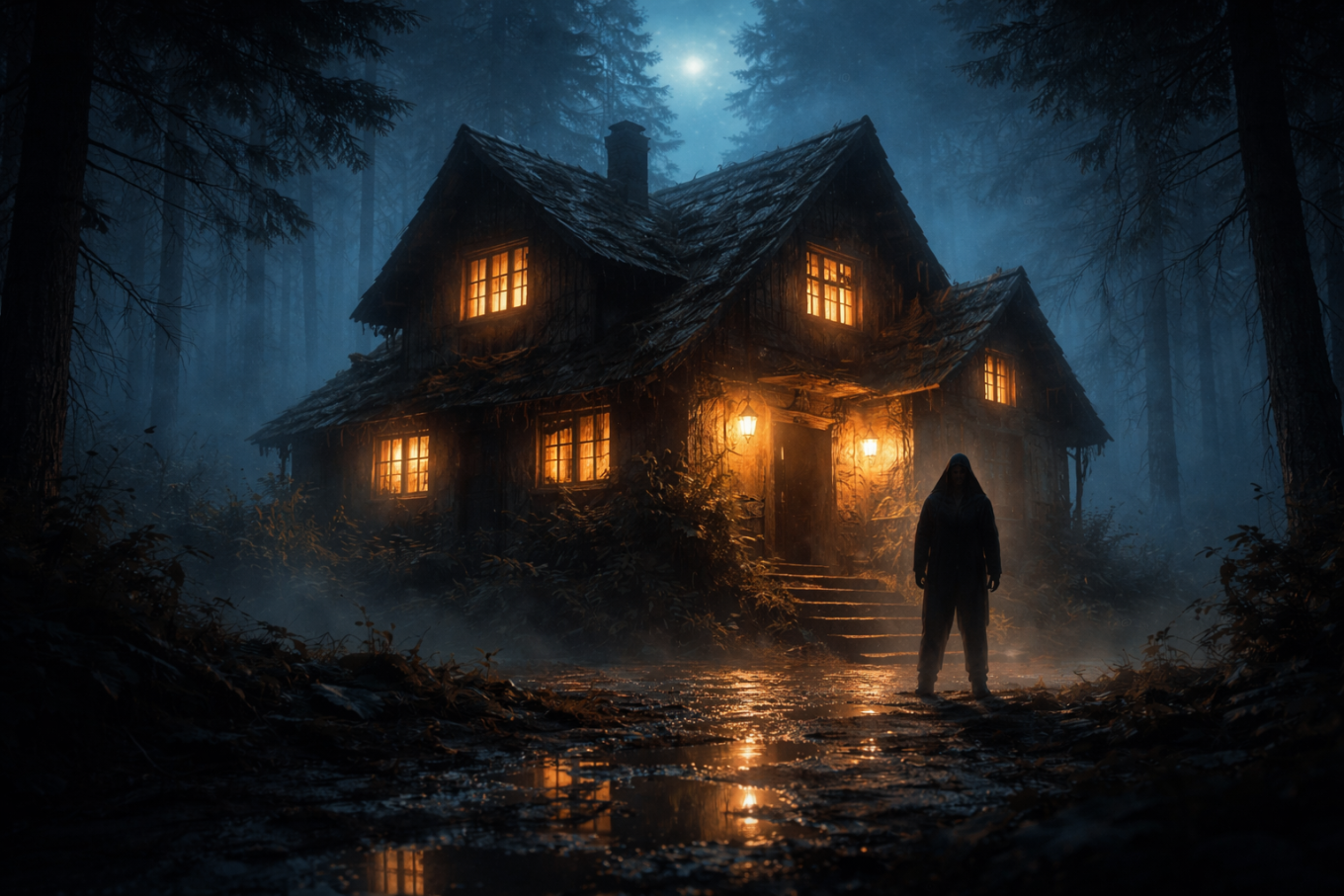 pensiune blestemata ascunsa in padure noaptea, atmosfera horror